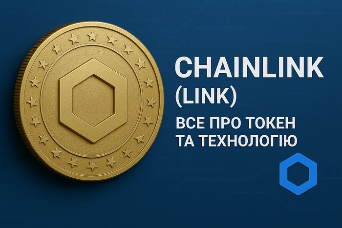 Графік ціни токена LINK на фоні логотипа Chainlink та блокчейн-мережі